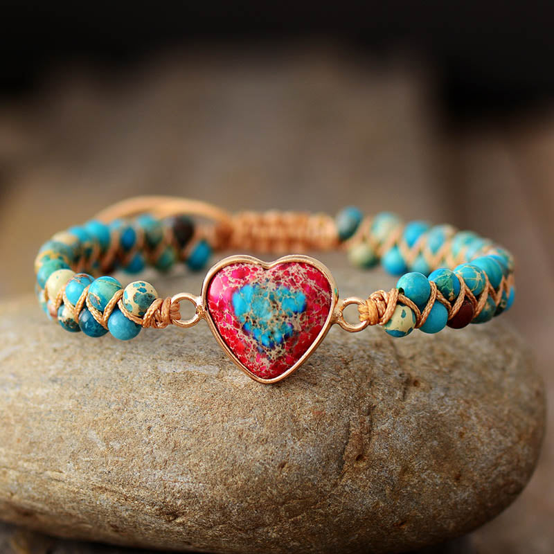 Natural Stone Heart Charm Bracelets String Braided Macrame Jaspers Friendship Wrap Bracelet Femme Women Jewelry