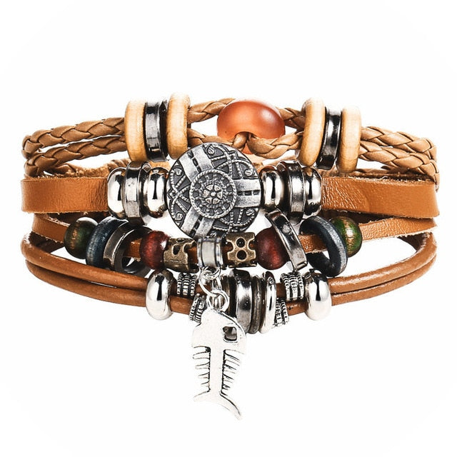 Multilayer leather wrap bracelets with stone beads and charms