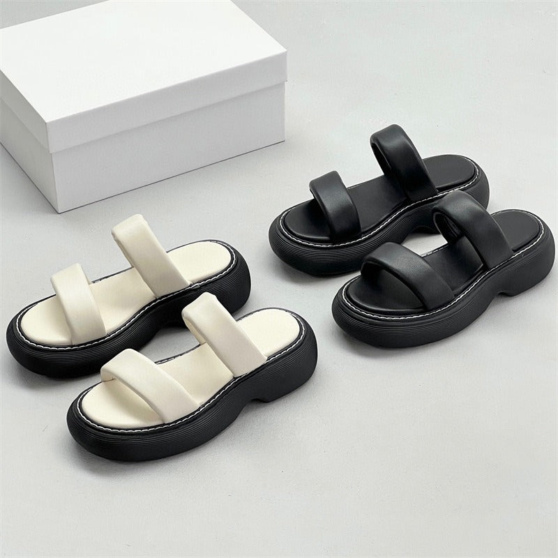 Thick-soled sandals, platform comfortable outer wear, genuine leather strappy for women.