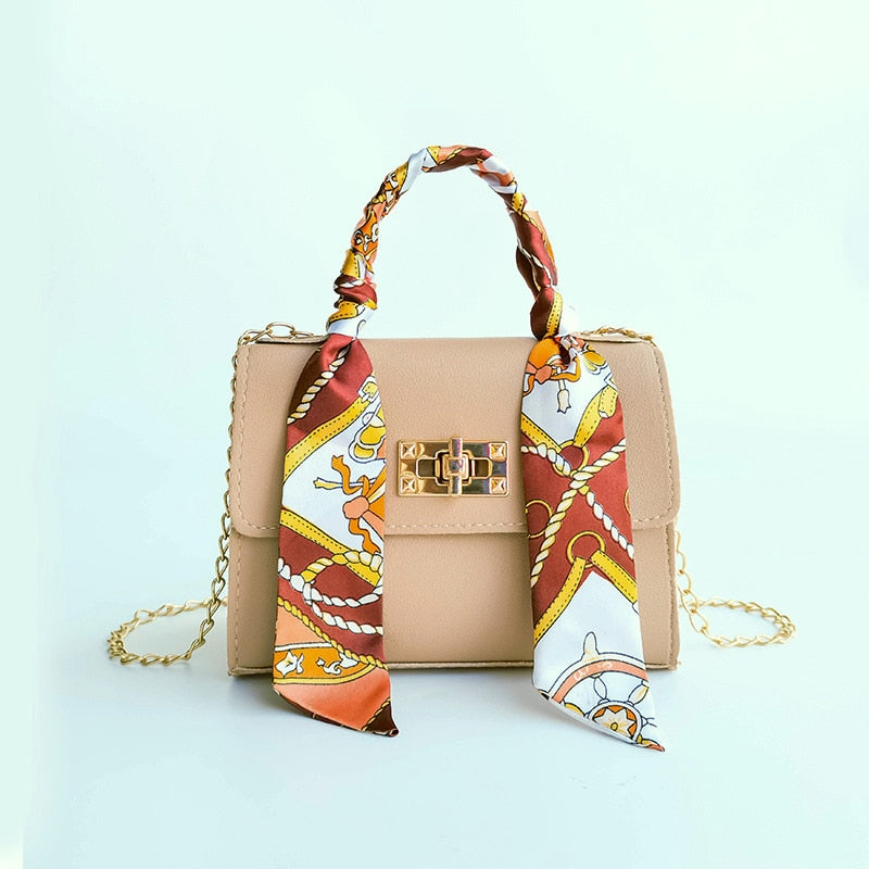 small square PU crossbody bag with silk scarf and lock