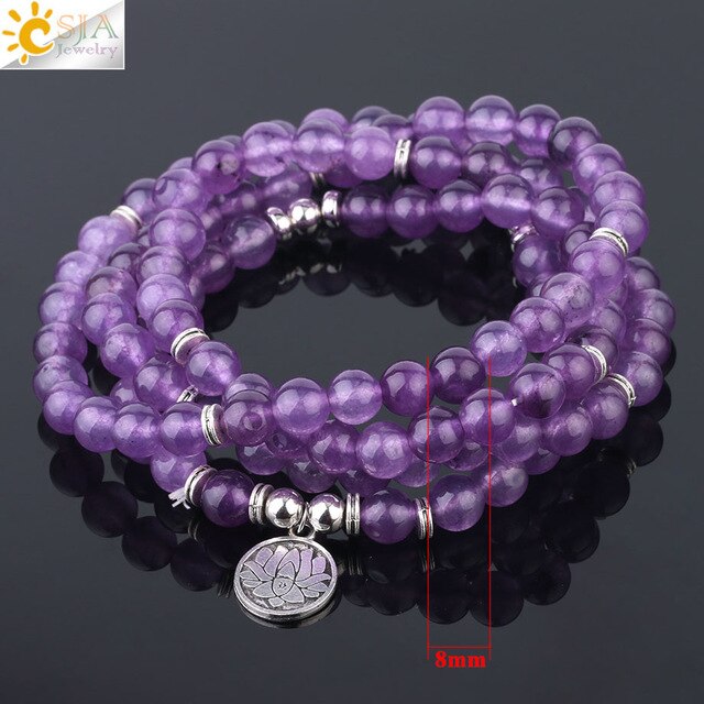 Natural Stone Yoga Healing Bracelet Mala Bead Purple Crystal