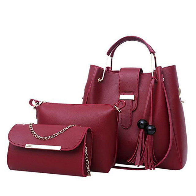 three-piece PU handbag set with tassel
