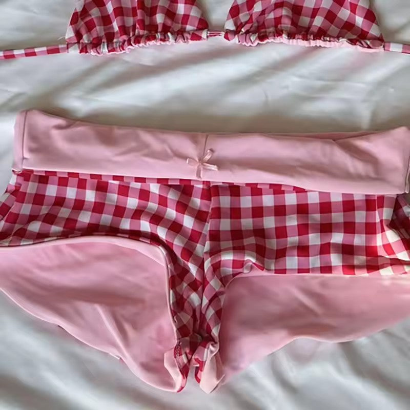 plaid bow two-piece lingerie set