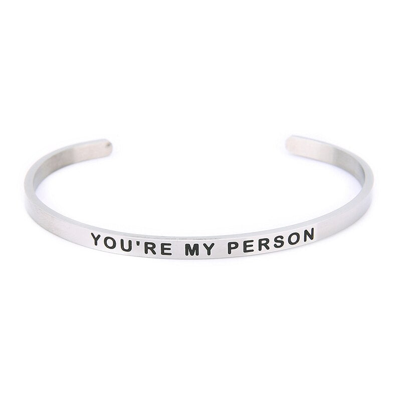 Stainless steel adjustable open cuff bracelet with lettering