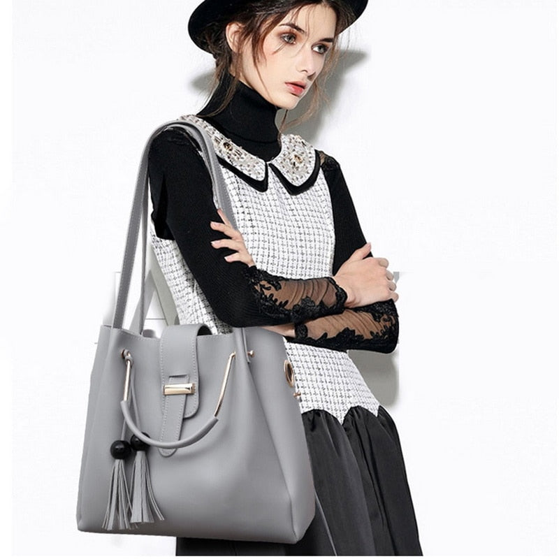three-piece PU handbag set with tassel