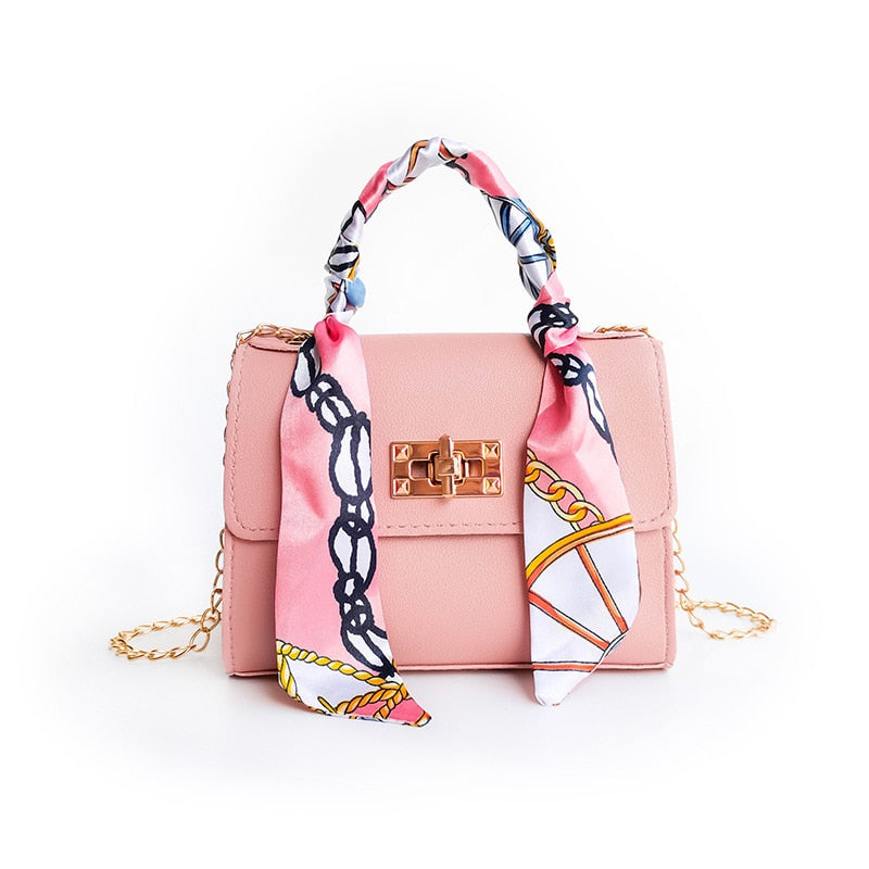 small square PU crossbody bag with silk scarf and lock