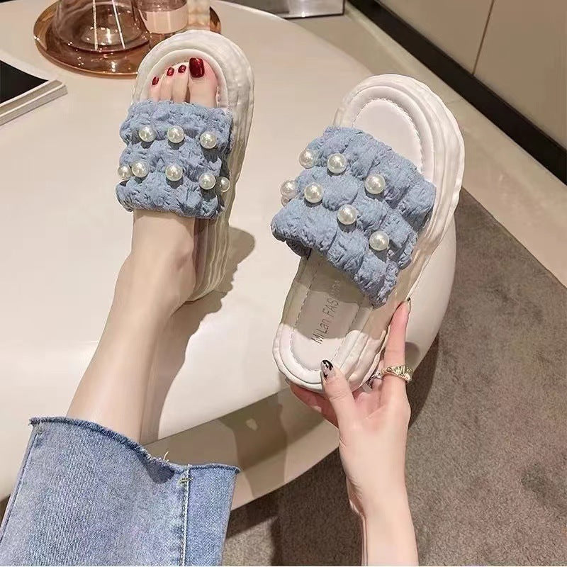 Fairy Style Sandals New Summer Korean Women's And Slippers With Pearl Thick-Soled Beach Shoes