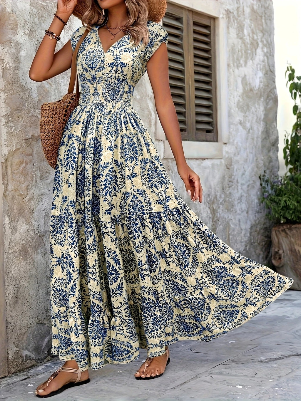 Printed cap sleeve tiered maxi dress