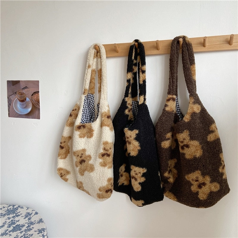 large fluffy canvas tote bag with bear motif