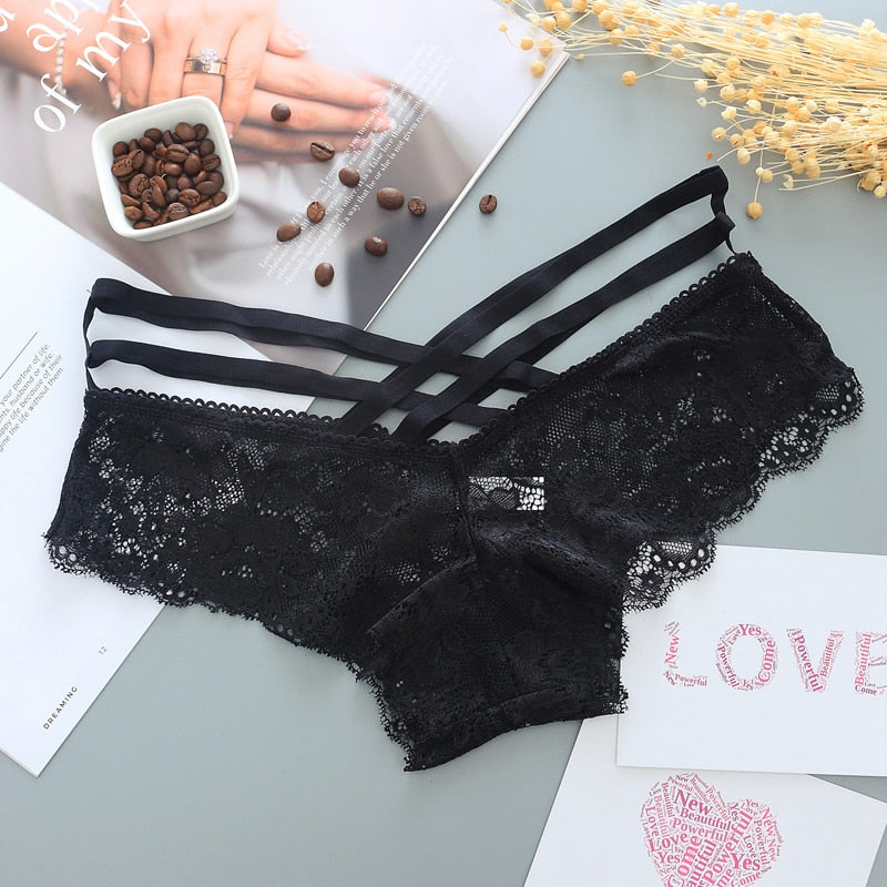 low-rise lace thong with cross straps