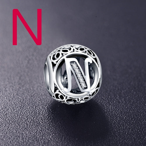 925 sterling silver letter bead charm with clear stones