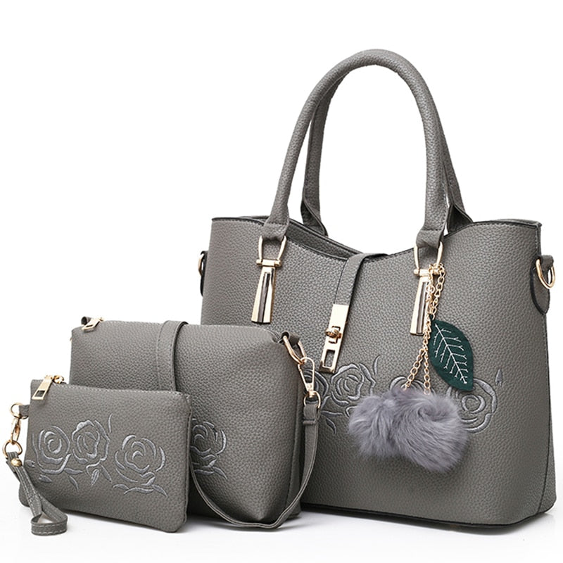 three-piece PU bag set with flower embroidery