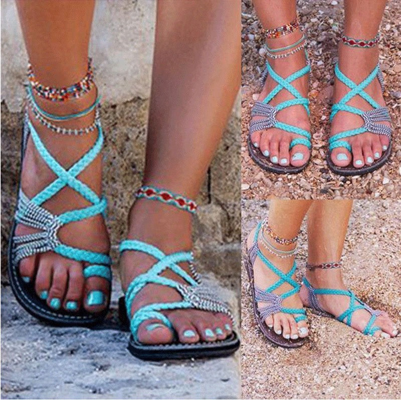 Woven sandals women's flat toe