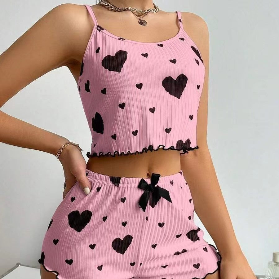 heart print strap nightwear set