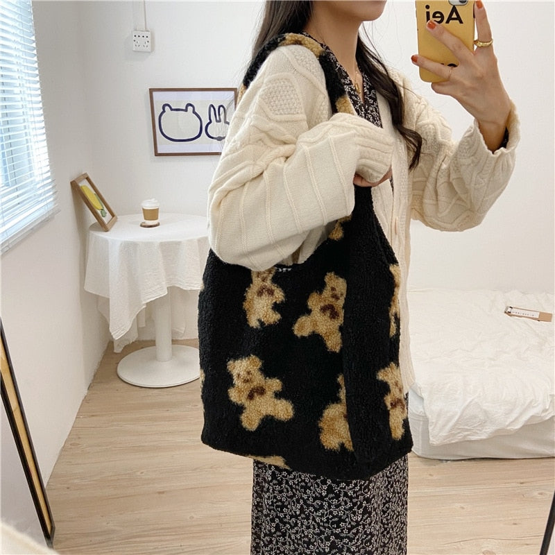 large fluffy canvas tote bag with bear motif