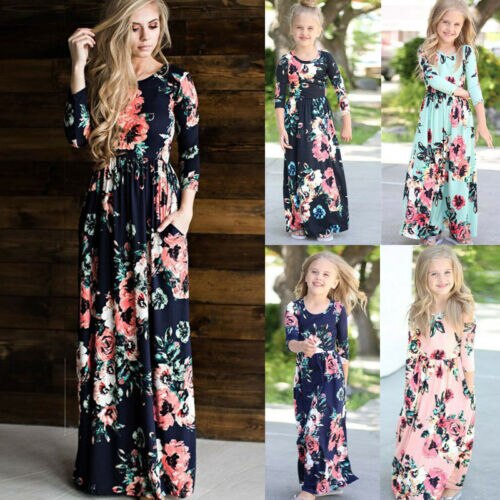 Emmababy Mommy and Me Family Matching Dress Mother Daughter Floral Holiday Maxi