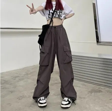 Baggy cargo parachute pants with adjustable waist