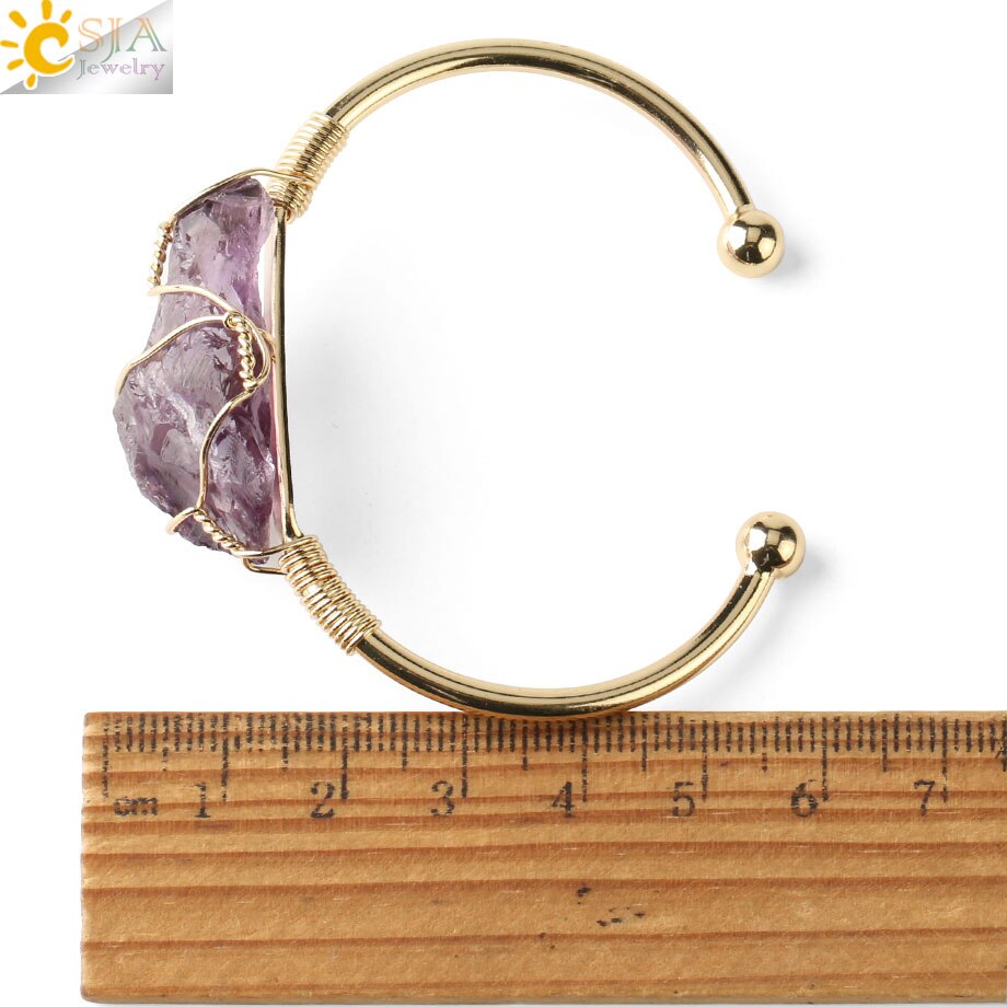 Csja Natural Stone Bangle Gold-color Wire Wrap Irregular Crystal Quartz Cuff Copper Bracelets for Women Girls Kids Jewelry G327