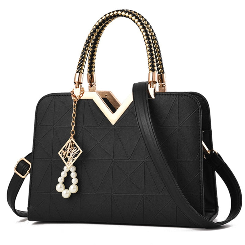 embroidered PU top-handle tote bag