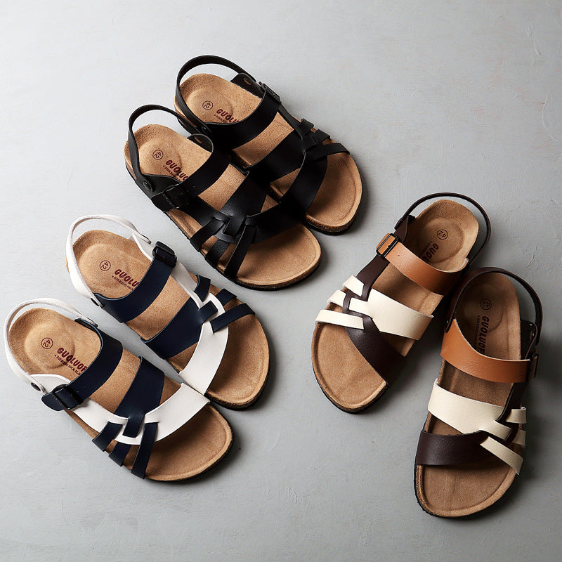 Cork Sandals Men Hollow Two-Way Men Summer Large Size Flat Beach Shoes