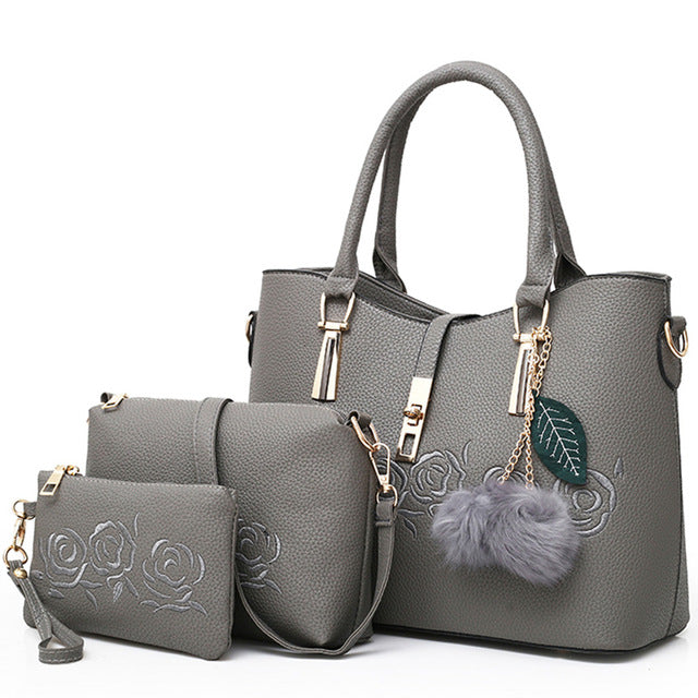 three-piece PU bag set with floral embroidery