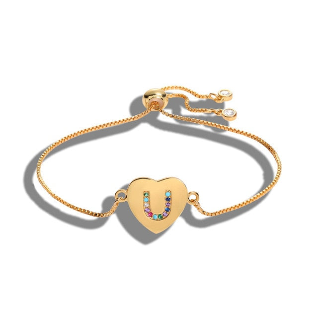 Adjustable bracelet with cubic zirconia alphabet charm