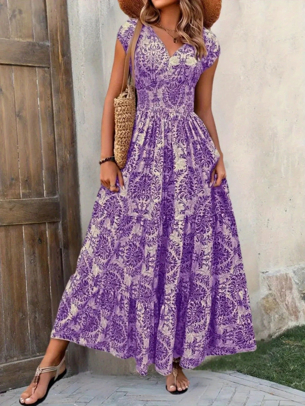 Printed cap sleeve tiered maxi dress