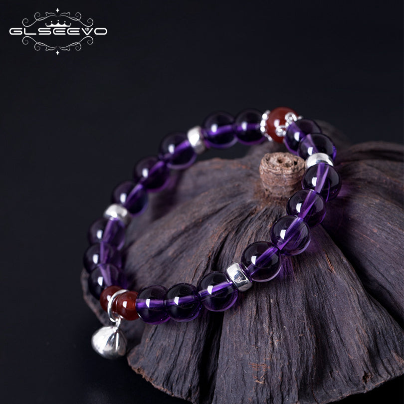 Glseevo 925 Sterling Silver Women Bracelet Natural Stone Amethyst Agate Gift Adjustable Bracelets Luxury Fine Jewellery GB0070
