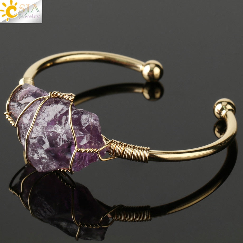 Csja Natural Stone Bangle Gold-color Wire Wrap Irregular Crystal Quartz Cuff Copper Bracelets for Women Girls Kids Jewelry G327