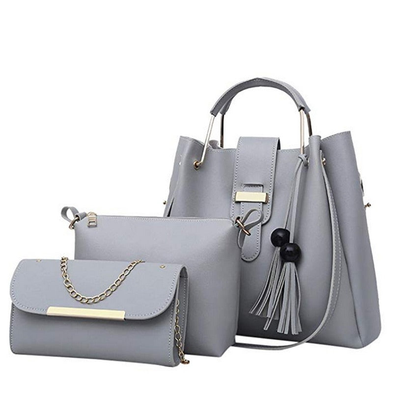 three-piece PU handbag set with tassel
