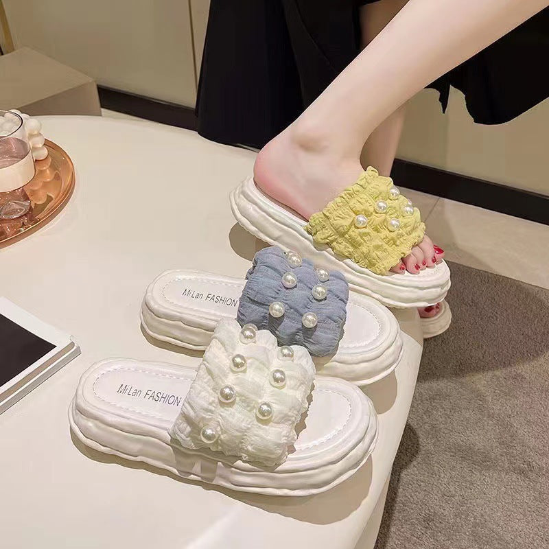 Fairy Style Sandals New Summer Korean Women's And Slippers With Pearl Thick-Soled Beach Shoes