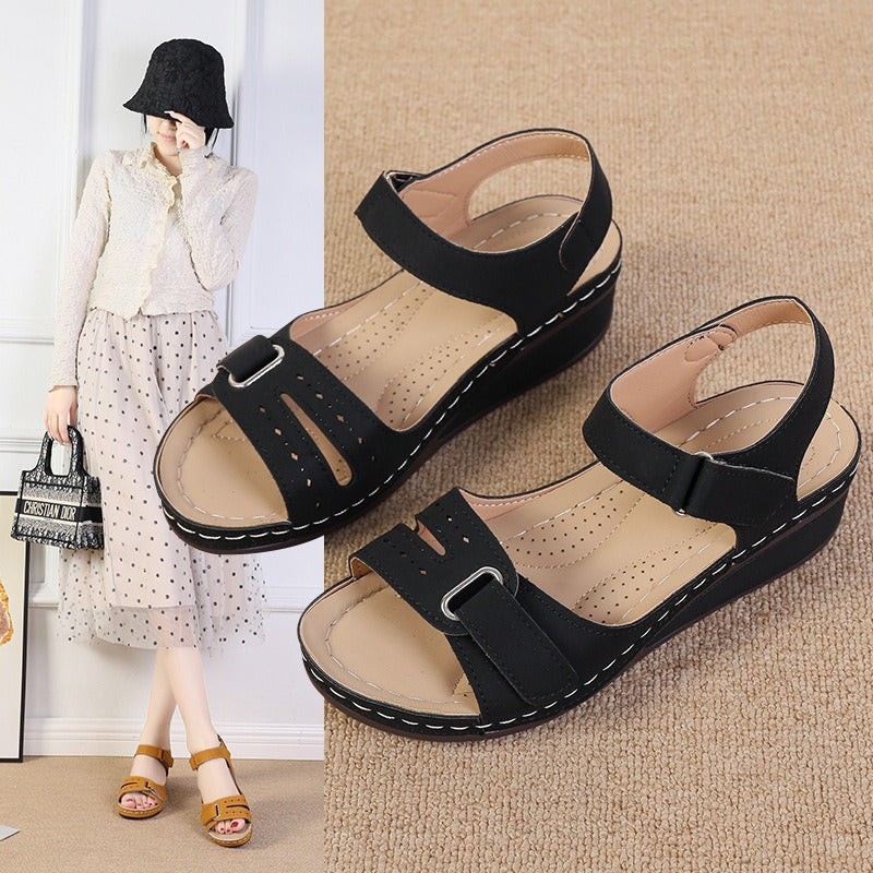 New Type Sandals Womens Flat Bottom Velcro Fish Mouth Thick Large One Word Strap