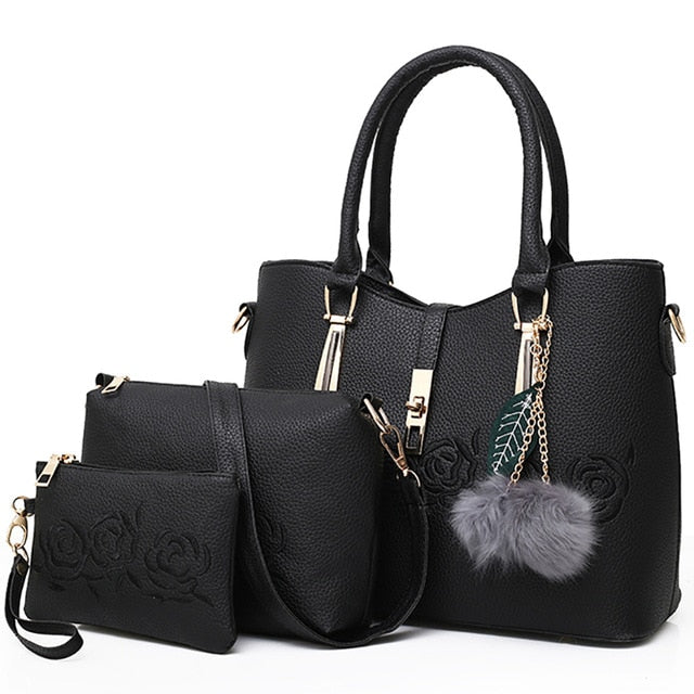 three-piece PU bag set with floral embroidery