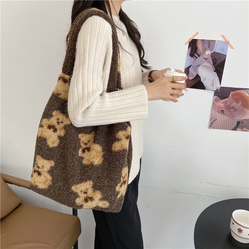 large fluffy canvas tote bag with bear motif