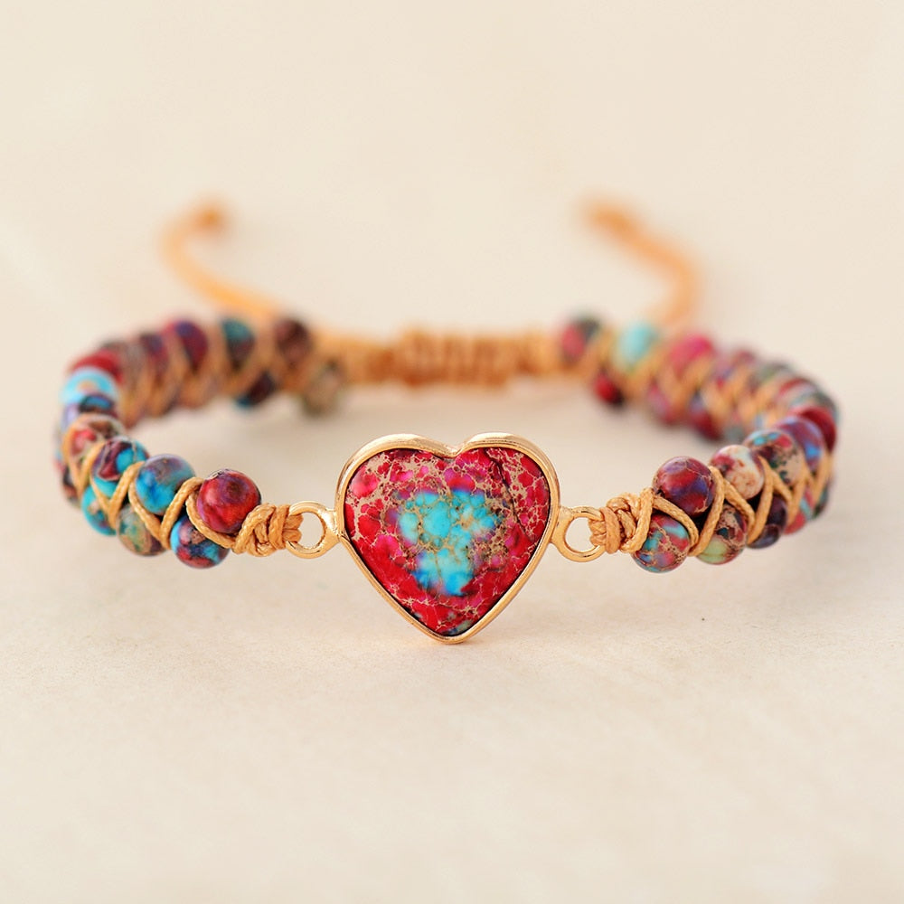 Natural Stone Heart Charm Bracelets String Braided Macrame Jaspers Friendship Wrap Bracelet Femme Women Jewelry