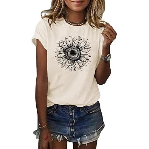 Women's T-Shirt Short Sleeve Sunflower Pattern Loose Summer Top S M L