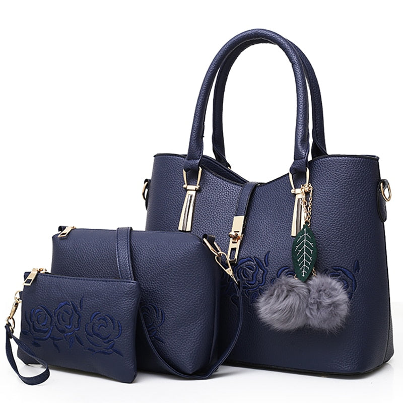 three-piece PU bag set with floral embroidery