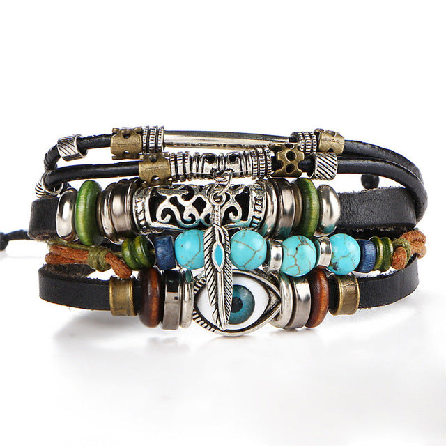 Multilayer leather wrap bracelets with stone beads and charms