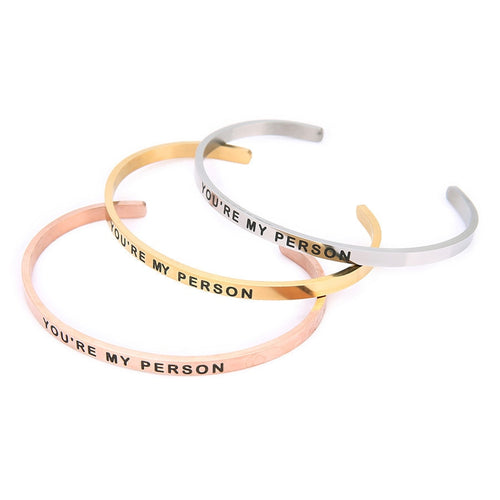 Stainless steel adjustable open cuff bracelet with lettering