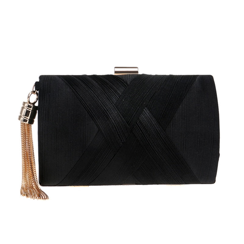 golden satin evening clutch with tassel and chain