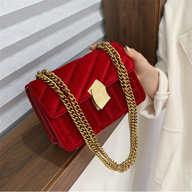 velvet evening clutch with chain strap