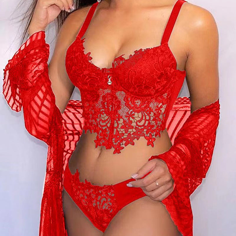 three-piece sheer lace sleepwear set