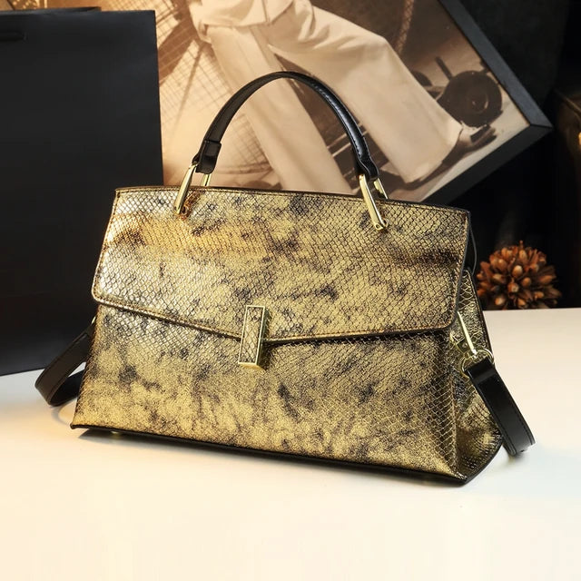 snake print PU top-handle tote bag
