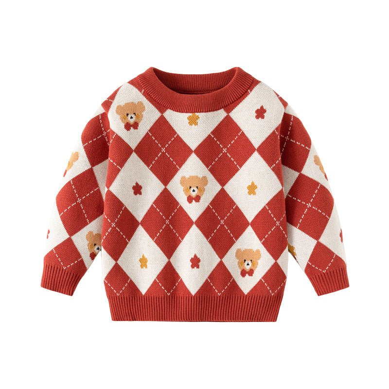 Knitted Sweater for Boys Grid Pattern Knitwear Kids Base Layer Clothing.