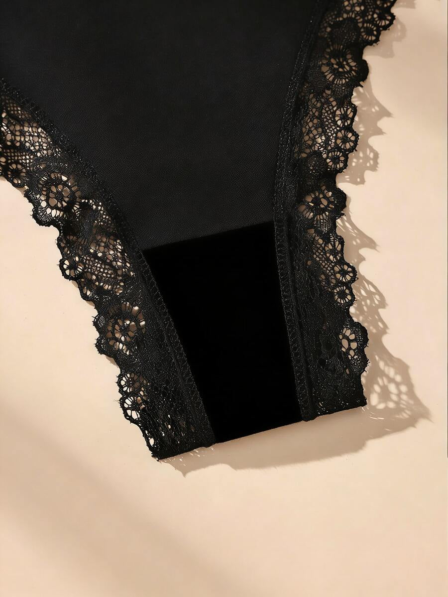 Conjunto De 5 Calcinhas Fio Dental Pretas De Algodão Com Detalhes Em Renda E Laço Delicado. Modelo Minimalista Sem Costura.