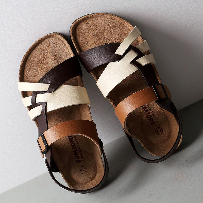 Cork Sandals Men Hollow Two-Way Men Summer Large Size Flat Beach Shoes