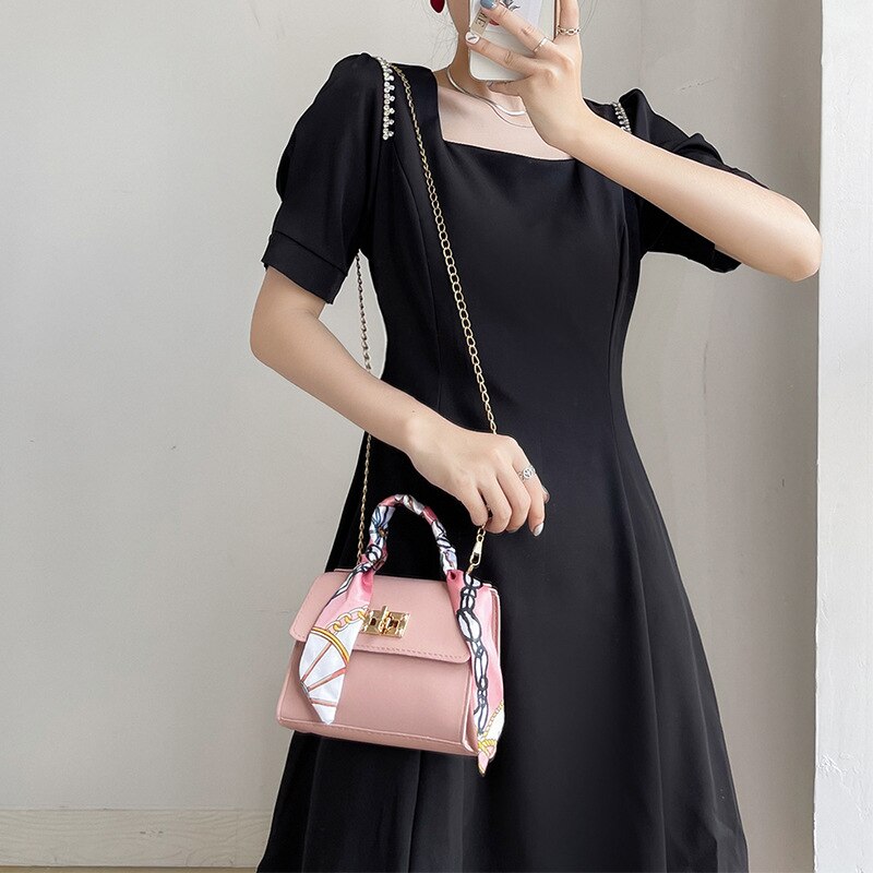 small square PU crossbody bag with silk scarf and lock