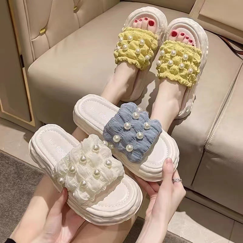 Fairy Style Sandals New Summer Korean Women's And Slippers With Pearl Thick-Soled Beach Shoes