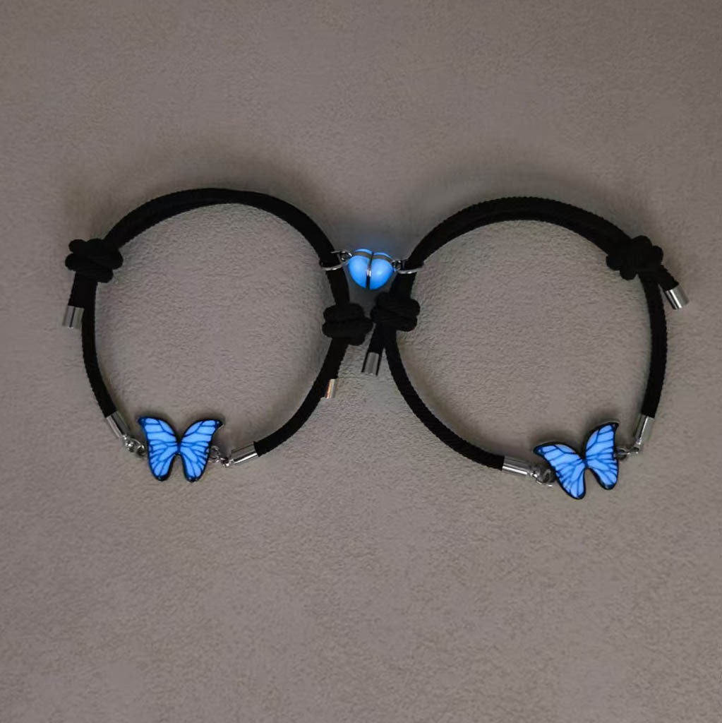 Couples Bracelets Night Light Butterfly Alloy Heart Magnetic Glow Handmade