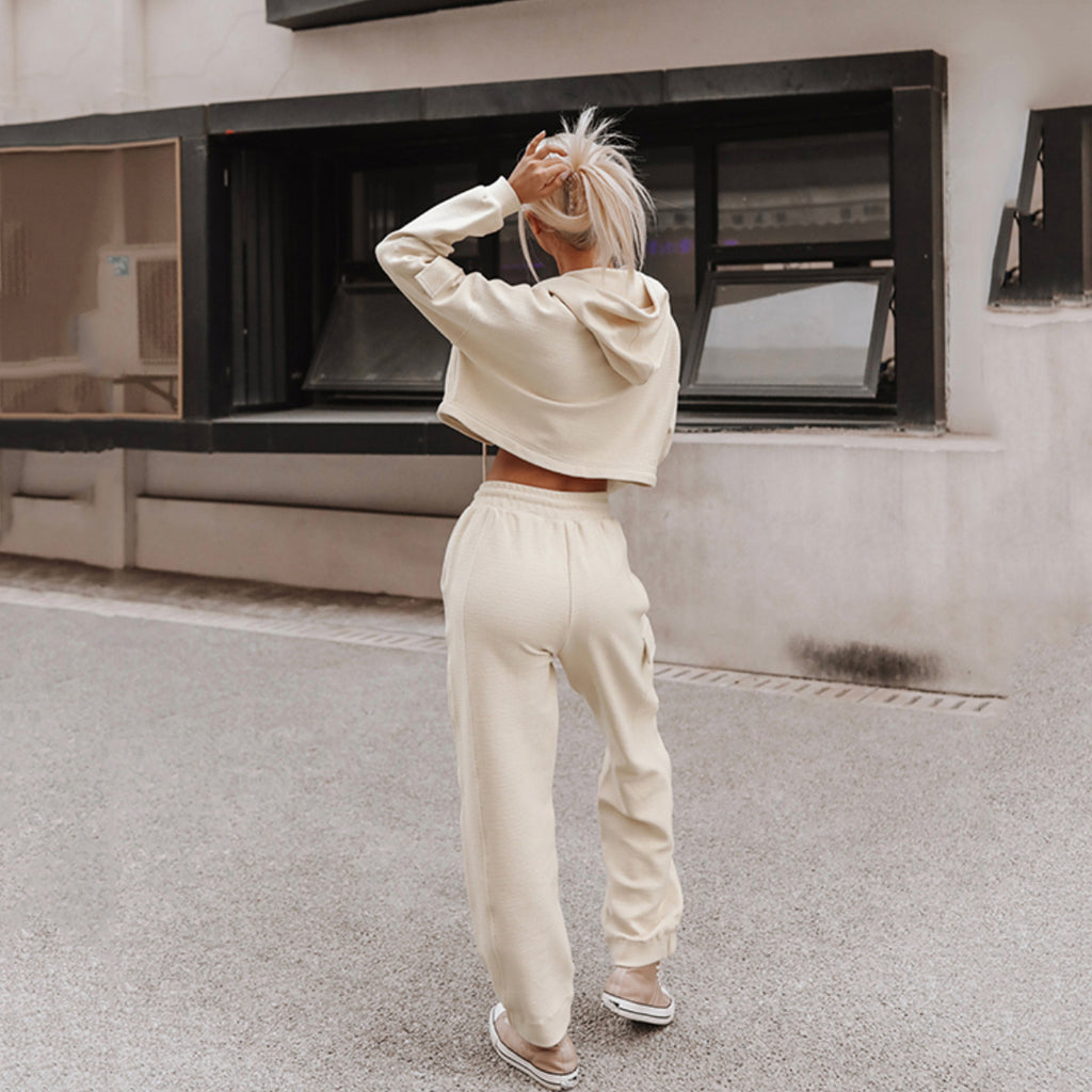 Hooded long-sleeve top with pocket and matching pants